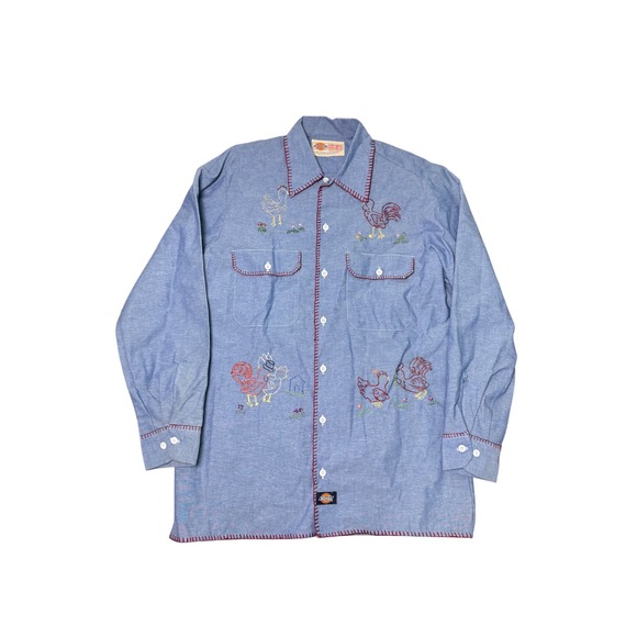Dickies Tops - Vintage Dickies Chambray Embroidered Button Down Top Chickens Blue Grannycore